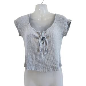 Better Be Lace Up Ribbed Knit Short Sleeve Cropped T-Shirt Gray Size Large